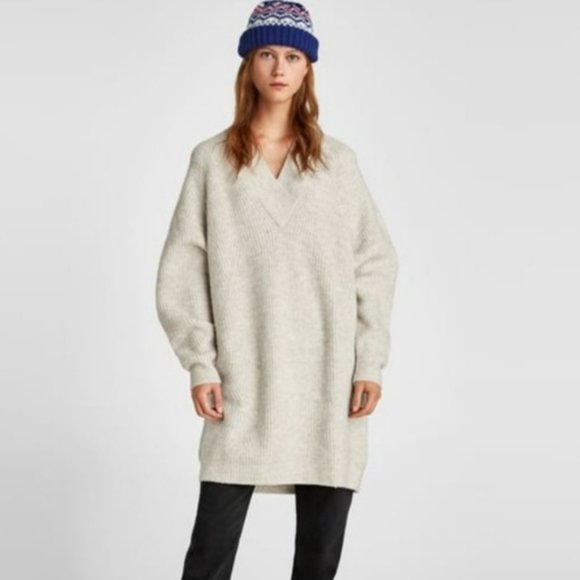 Zara | Dresses | Nwt Zara Knit Cream Oversized V Neck Sweater Dress |  Poshmark